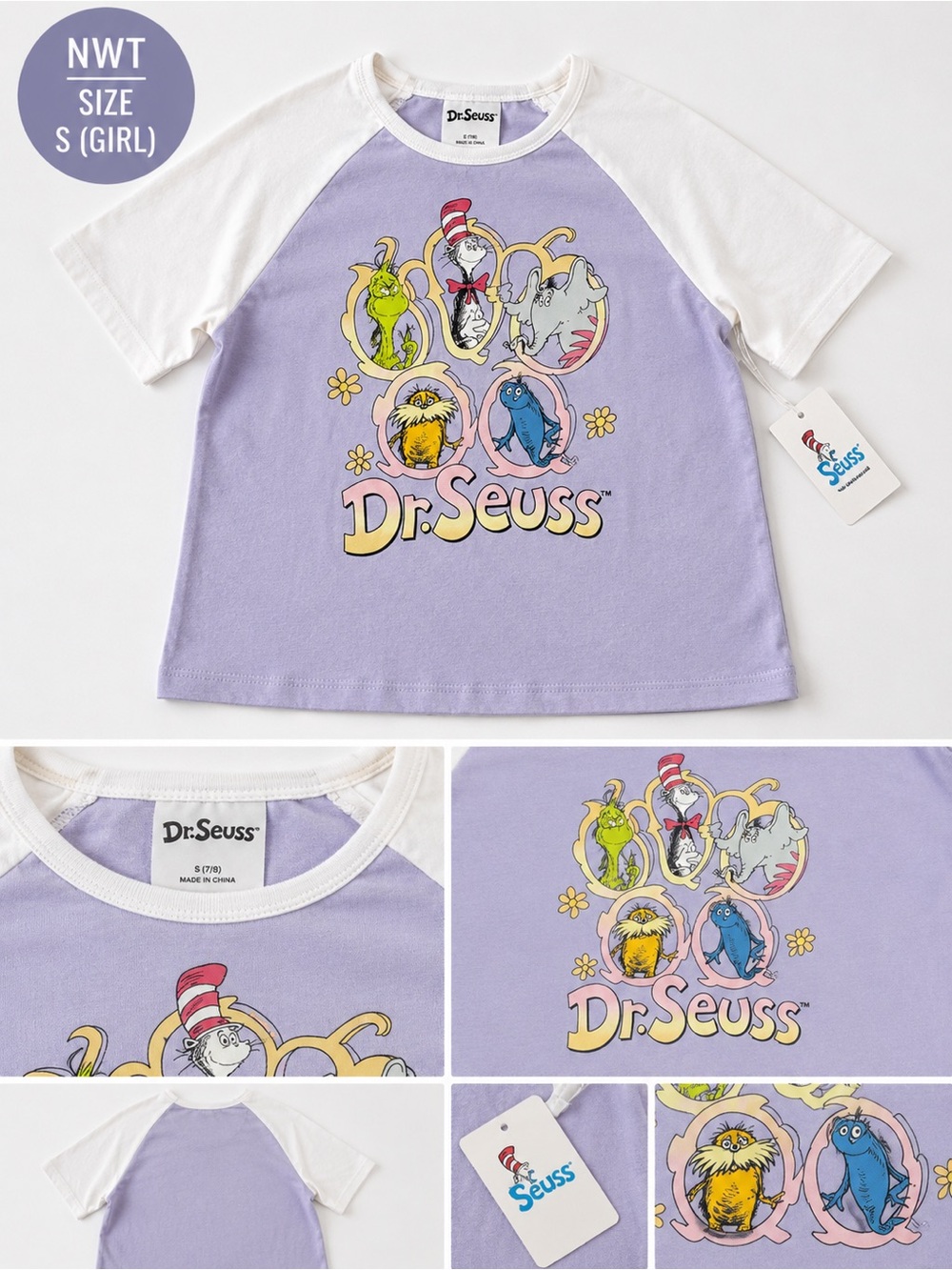 NWT Dr. Seuss Girls Raglan Tee Purple White Graphic Shirt Cat in the Hat